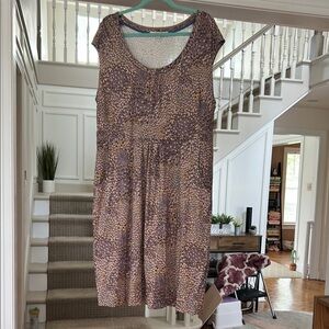 Boden Brown & Cream Floral Jersey Dress | Size 16 | Stretch Midi